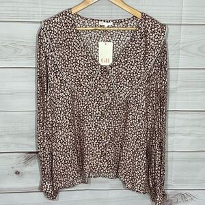 NWT Gianni Bini Burgundy & Cream Floral Long Sleeve Top Size XXL